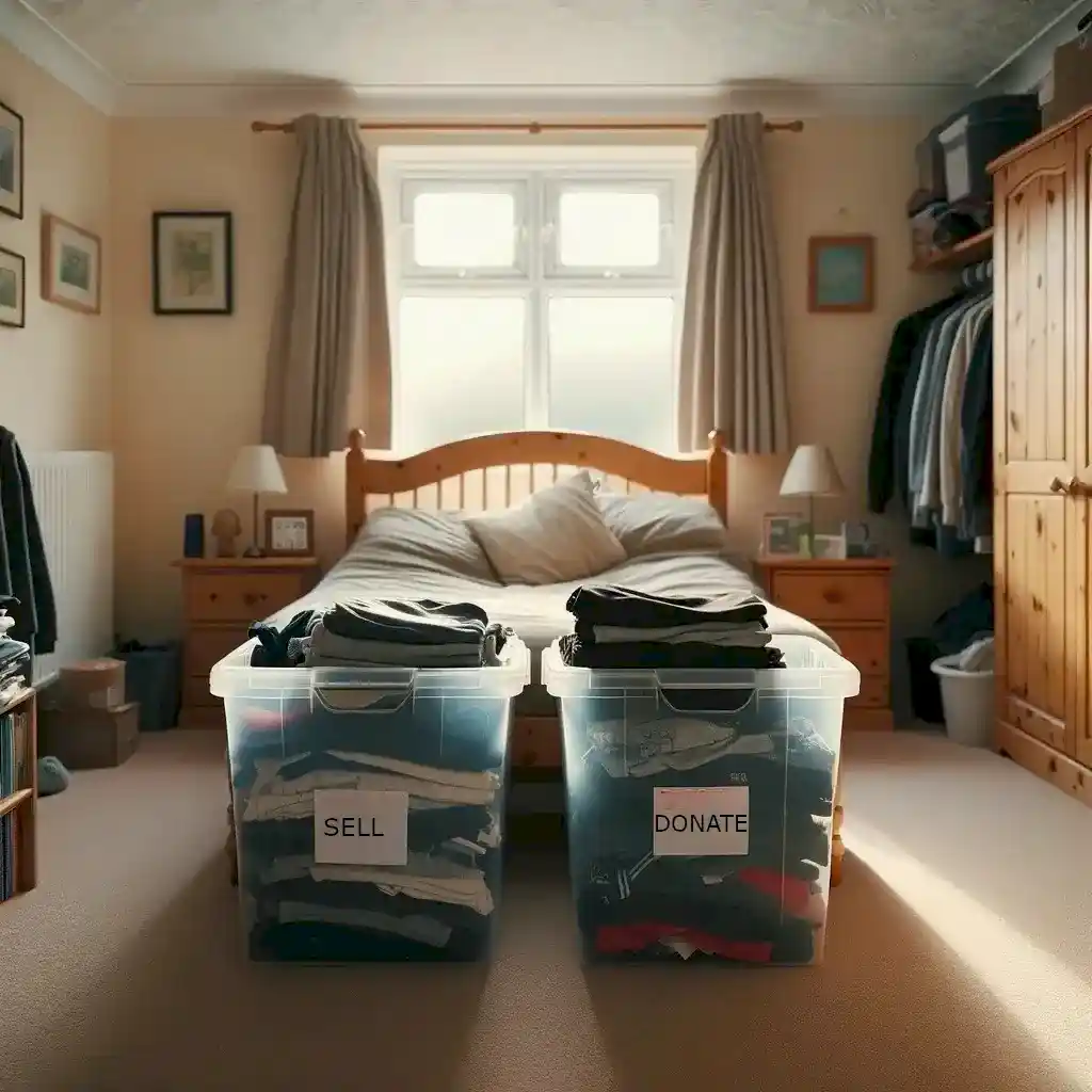 Decluttered clothes in plastic containers Decluttered clothes in plastic containers
